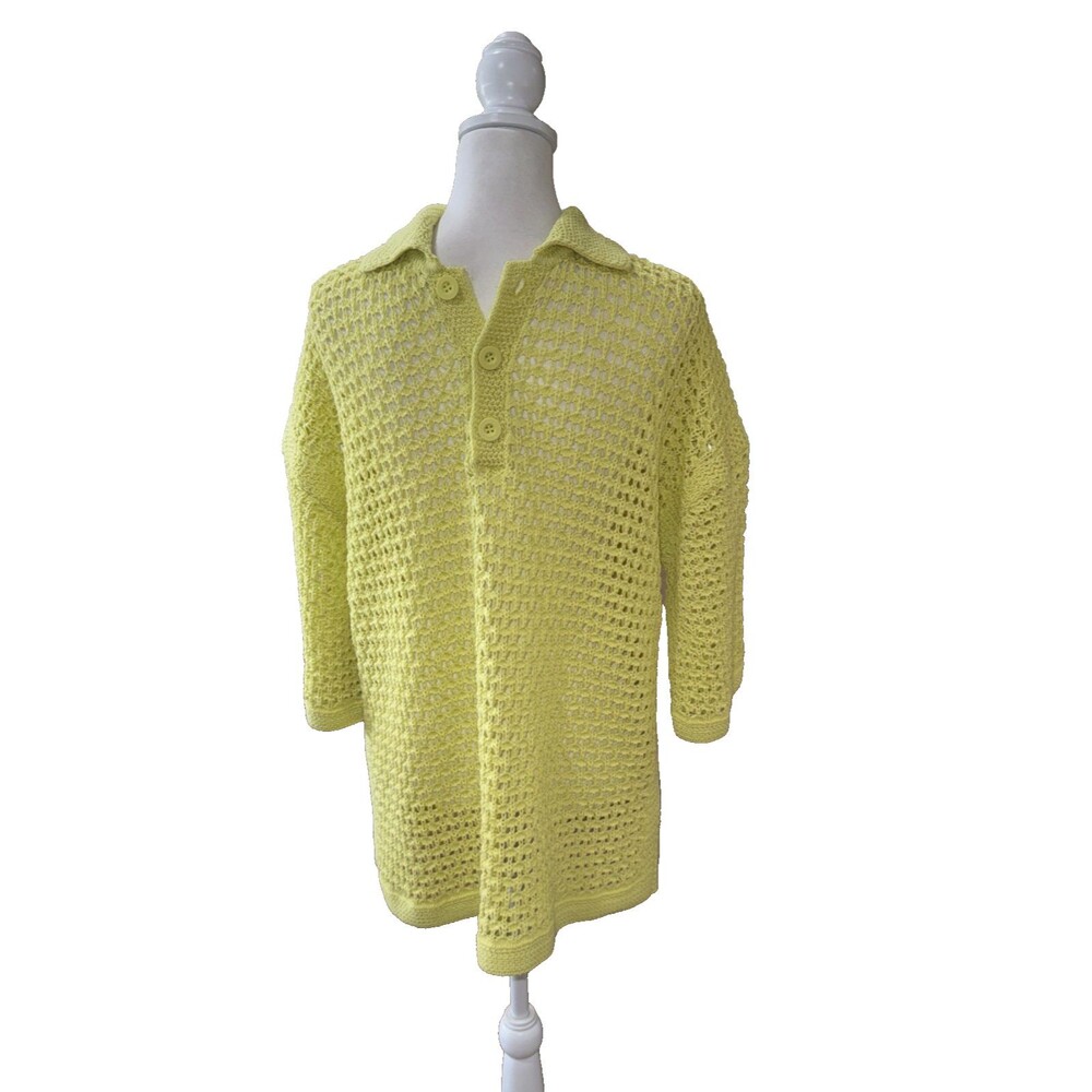 Zara Men Crochet Open Knit Polo Shirt Yellow Green Oversized See Through S-M